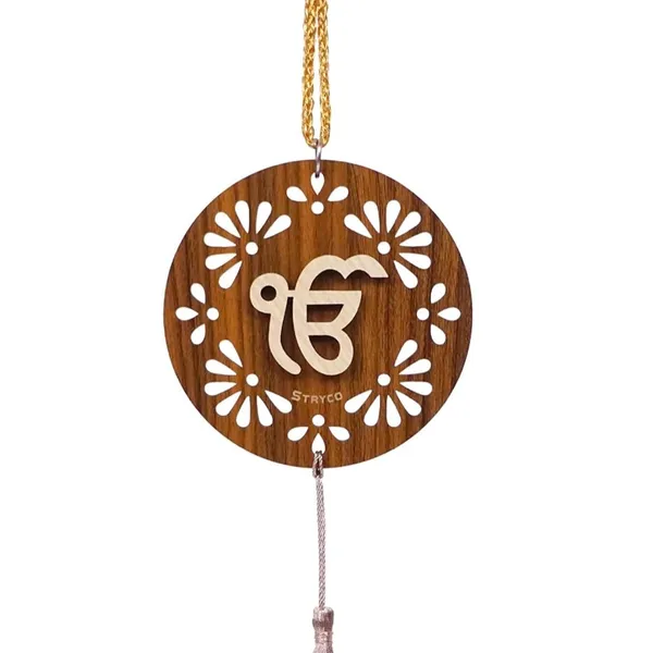 Beige_&_Rosewood_3.5x3.5_Inches_Thick_3D_Ik_Onkar_Punjabi_Car_Rear_View_Mirror_Hanging_|_Dual_Sided_Car_Decor_Accessory_|_Spiritual_Gift_Item_|_Wooden_Sikh_Car_Hanging_Ornament