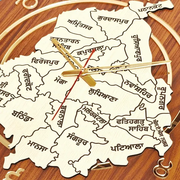 18x18_Inches_|_Punjab_Map_Wooden_Clock_|_Home_And_Wall_Decor_Item_|_Gold_Edition_With_Gurmukhi_Punjabi_Digits_|_Golden_Brown_&_Cream_|_Unique_Gift_Item