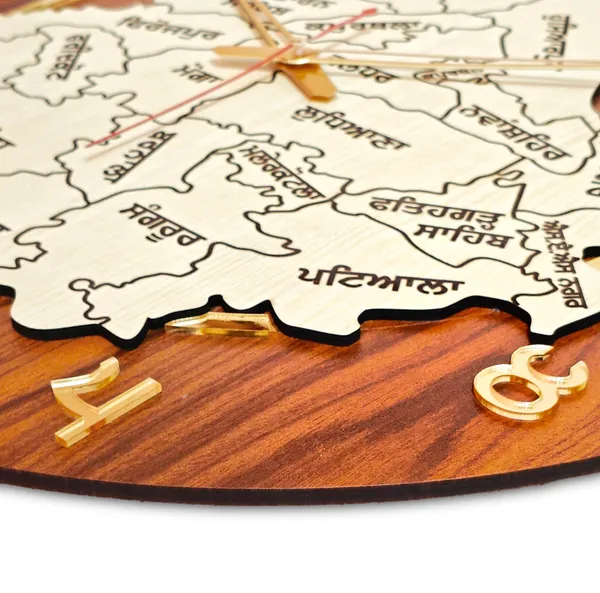 18x18_Inches_|_Punjab_Map_Wooden_Clock_|_Home_And_Wall_Decor_Item_|_Gold_Edition_With_Gurmukhi_Punjabi_Digits_|_Golden_Brown_&_Cream_|_Unique_Gift_Item