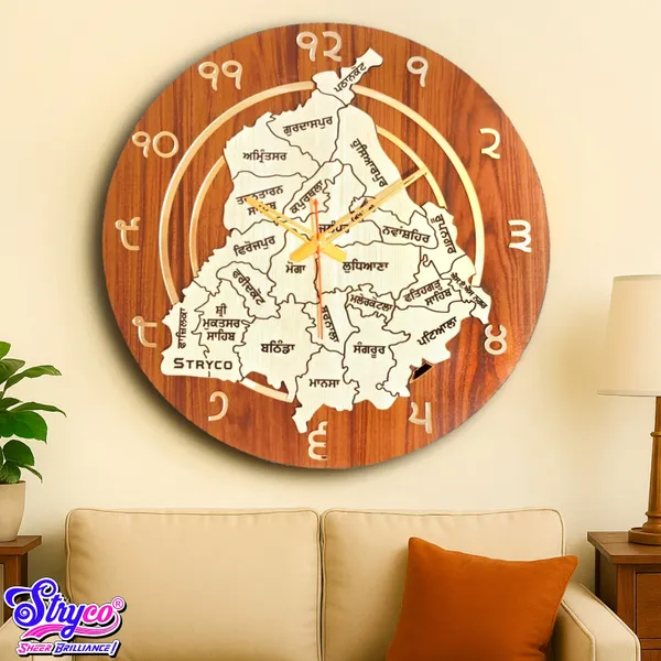 18x18_Inches_|_Punjab_Map_Wooden_Clock_|_Home_And_Wall_Decor_Item_|_Gold_Edition_With_Gurmukhi_Punjabi_Digits_|_Golden_Brown_&_Cream_|_Unique_Gift_Item