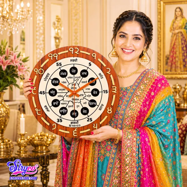 18x18_Inches_|_Punjabi_Seasons_and_Months_Gurmukhi_Wooden_Clock_with_Golden_Details_|_Home_Decor_Ideas_|_Gurumukhi_Digits_Clock_|_Home_and_Office_Decor_|_Golden_Brown