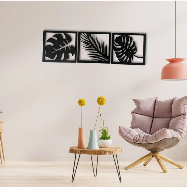 Wooden_Wall_Art_for_Home_Decoration__|Three_Pieces_Leaf_Set_|_Black