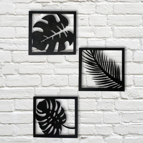 Wooden_Wall_Art_for_Home_Decoration__|Three_Pieces_Leaf_Set_|_Black