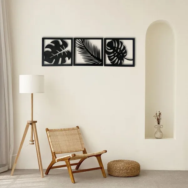 Wooden_Wall_Art_for_Home_Decoration__|Three_Pieces_Leaf_Set_|_Black