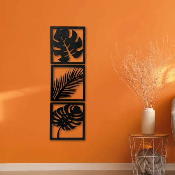 Wooden_Wall_Art_for_Home_Decoration__|Three_Pieces_Leaf_Set_|_Black