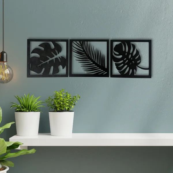 Wooden_Wall_Art_for_Home_Decoration__|Three_Pieces_Leaf_Set_|_Black