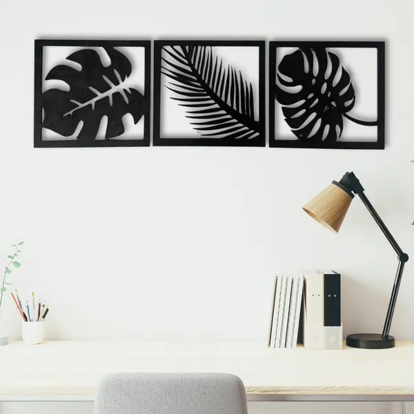 Wooden_Wall_Art_for_Home_Decoration__|Three_Pieces_Leaf_Set_|_Black