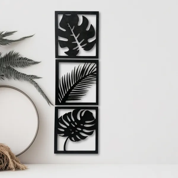 Wooden_Wall_Art_for_Home_Decoration__|Three_Pieces_Leaf_Set_|_Black