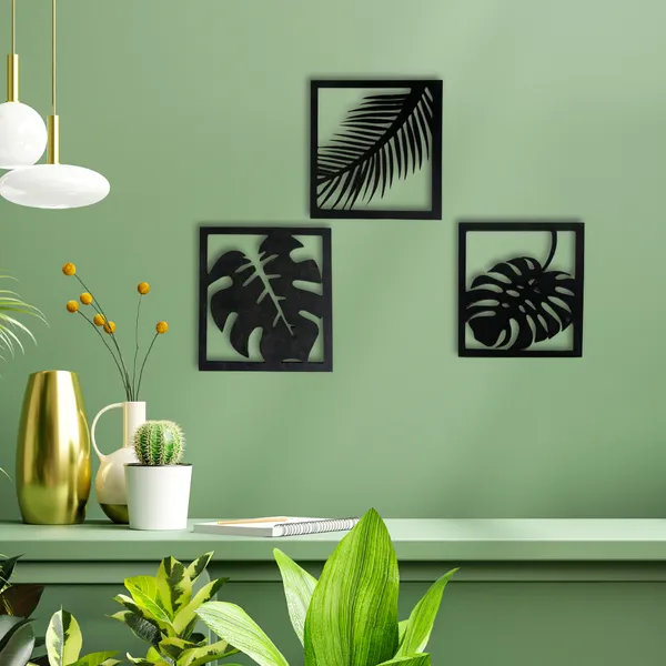 Wooden_Wall_Art_for_Home_Decoration__|Three_Pieces_Leaf_Set_|_Black