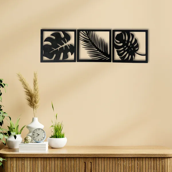 Wooden_Wall_Art_for_Home_Decoration__|Three_Pieces_Leaf_Set_|_Black