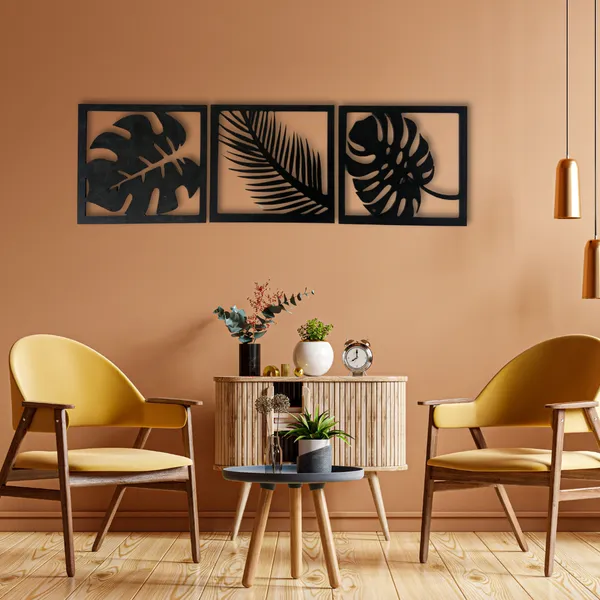 Wooden_Wall_Art_for_Home_Decoration__|Three_Pieces_Leaf_Set_|_Black