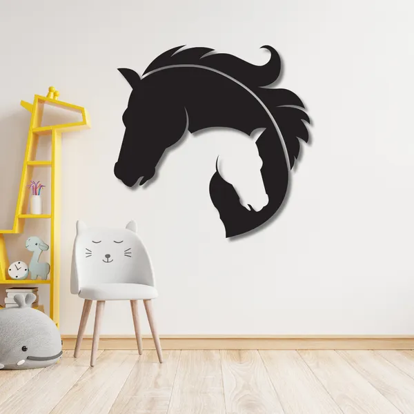 Wooden_Wall_Art_for_Home_Decoration__|Entangled_Horse_Heads_with_Feather|_Black