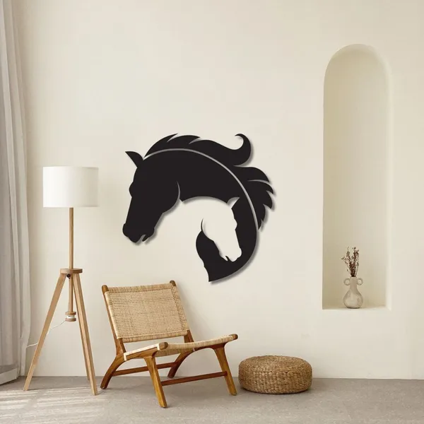 Wooden_Wall_Art_for_Home_Decoration__|Entangled_Horse_Heads_with_Feather|_Black