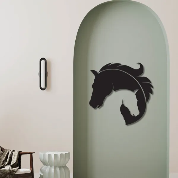 Wooden_Wall_Art_for_Home_Decoration__|Entangled_Horse_Heads_with_Feather|_Black