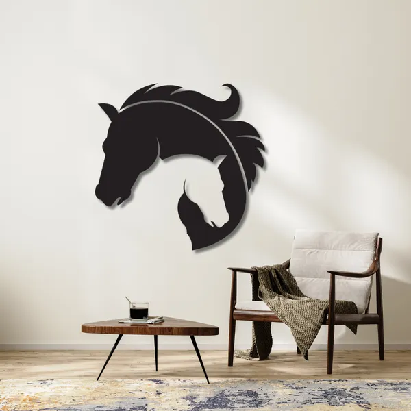 Wooden_Wall_Art_for_Home_Decoration__|Entangled_Horse_Heads_with_Feather|_Black
