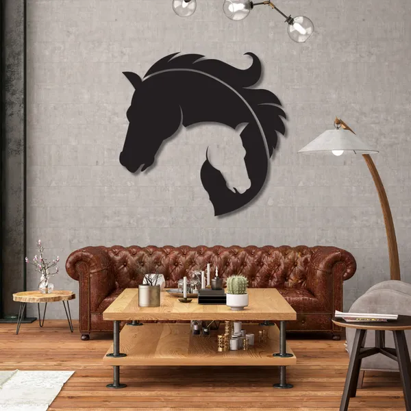 Wooden_Wall_Art_for_Home_Decoration__|Entangled_Horse_Heads_with_Feather|_Black