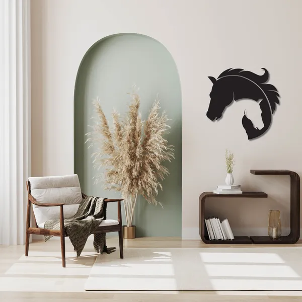 Wooden_Wall_Art_for_Home_Decoration__|Entangled_Horse_Heads_with_Feather|_Black