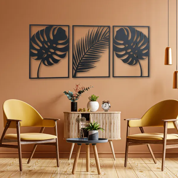 Wooden_Wall_Art_for_Home_Decoration__|Three_Pieces_Leaf_Set_|_Black
