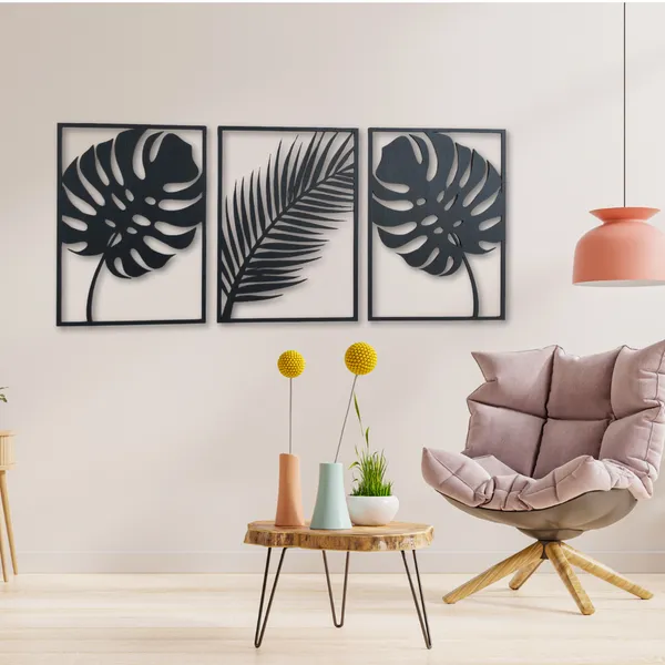 Wooden_Wall_Art_for_Home_Decoration__|Three_Pieces_Leaf_Set_|_Black