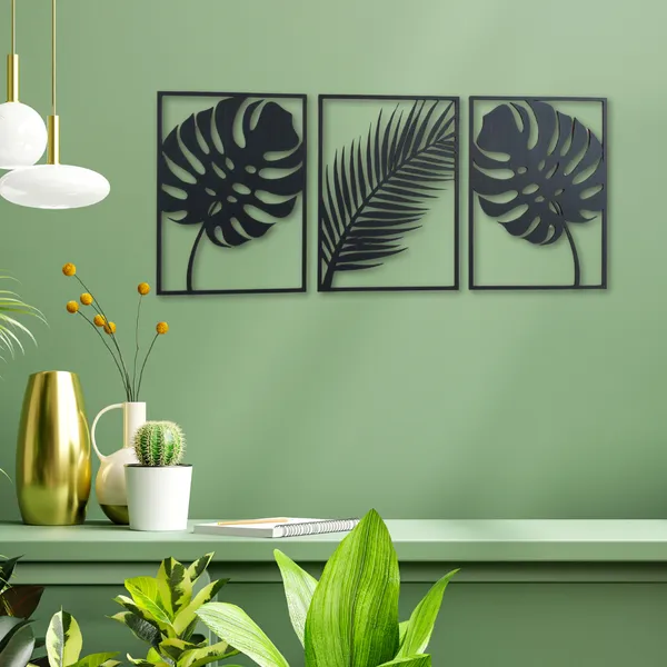 Wooden_Wall_Art_for_Home_Decoration__|Three_Pieces_Leaf_Set_|_Black