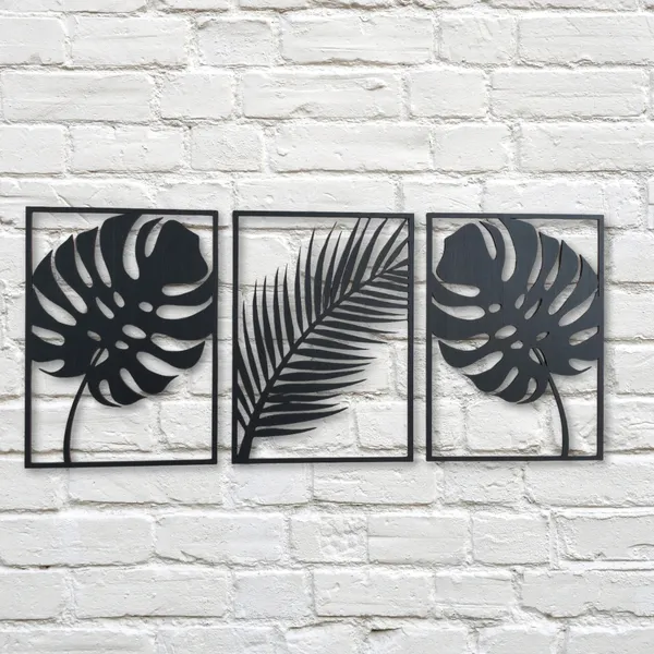 Wooden_Wall_Art_for_Home_Decoration__|Three_Pieces_Leaf_Set_|_Black