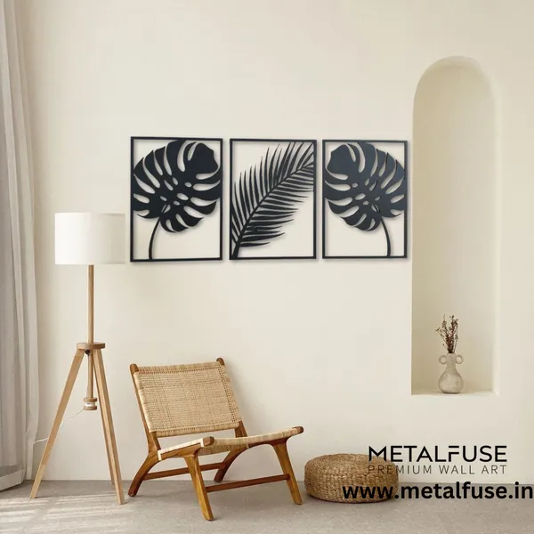 Wooden_Wall_Art_for_Home_Decoration__|Three_Pieces_Leaf_Set_|_Black