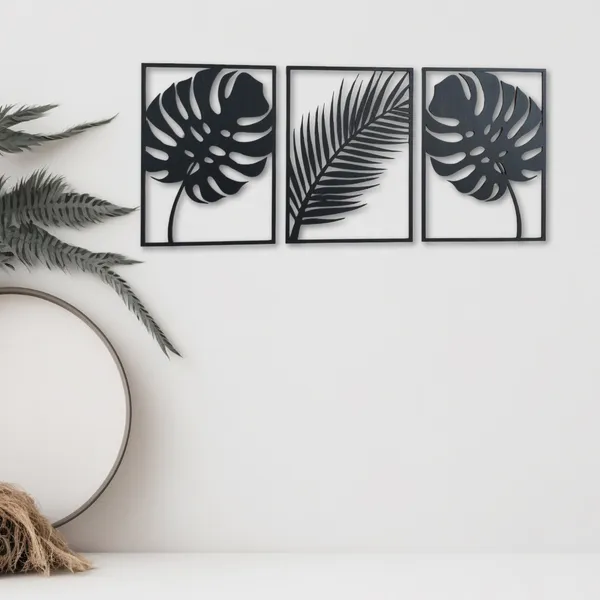 Wooden_Wall_Art_for_Home_Decoration__|Three_Pieces_Leaf_Set_|_Black