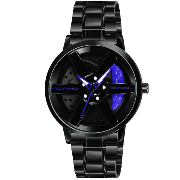 ADAMO_Men's_New_Car_Wheel_Watch_with_Rolling_Creative_Fashion_Analog_Watch,_Black_Dial_Zink_Alloy_Case_Men's_Watch,_Stainless_Steel_Black_Color_Band,_Quartz_Movement,_Water_&_Scratch-Resistant_-_889NNM05_(Blue)