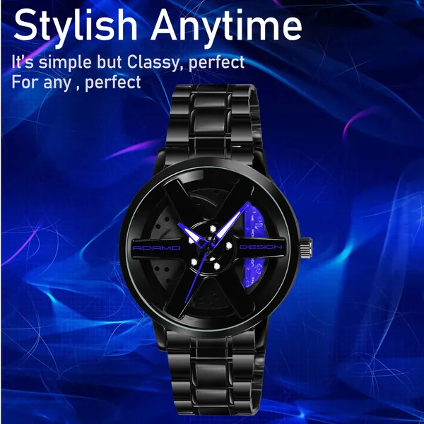 ADAMO_Men's_New_Car_Wheel_Watch_with_Rolling_Creative_Fashion_Analog_Watch,_Black_Dial_Zink_Alloy_Case_Men's_Watch,_Stainless_Steel_Black_Color_Band,_Quartz_Movement,_Water_&_Scratch-Resistant_-_889NNM05_(Blue)