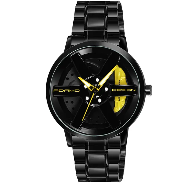 ADAMO_Men's_New_Car_Wheel_Watch_with_Rolling_Creative_Fashion_Analog_Watch,_Black_Dial_Zink_Alloy_Case_Men's_Watch,_Stainless_Steel_Black_Color_Band,_Quartz_Movement,_Water_&_Scratch-Resistant_-_889NNM11_(Yellow)