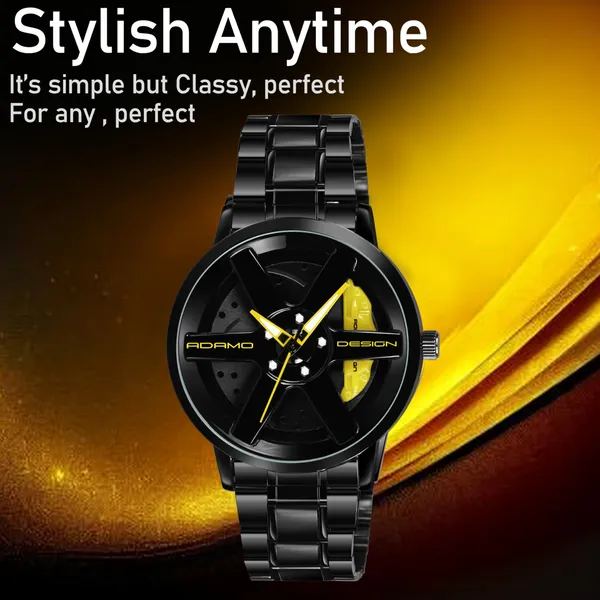 ADAMO_Men's_New_Car_Wheel_Watch_with_Rolling_Creative_Fashion_Analog_Watch,_Black_Dial_Zink_Alloy_Case_Men's_Watch,_Stainless_Steel_Black_Color_Band,_Quartz_Movement,_Water_&_Scratch-Resistant_-_889NNM11_(Yellow)