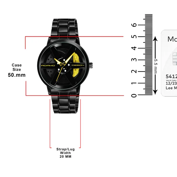 ADAMO_Men's_New_Car_Wheel_Watch_with_Rolling_Creative_Fashion_Analog_Watch,_Black_Dial_Zink_Alloy_Case_Men's_Watch,_Stainless_Steel_Black_Color_Band,_Quartz_Movement,_Water_&_Scratch-Resistant_-_889NNM11_(Yellow)