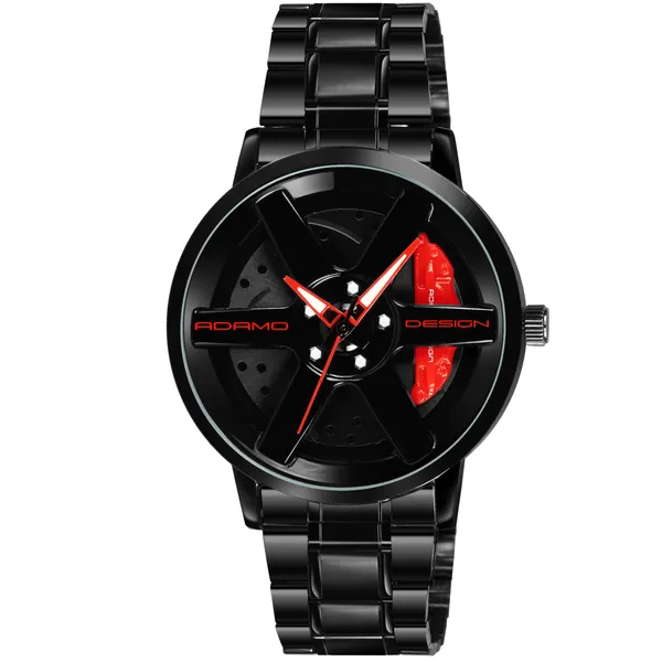 ADAMO_Men's_New_Car_Wheel_Watch_with_Rolling_Creative_Fashion_Analog_Watch,_Black_Dial_Zink_Alloy_Case_Men's_Watch,_Stainless_Steel_Black_Color_Band,_Quartz_Movement,_Water_&_Scratch-Resistant_-_889NNM12_(RED)