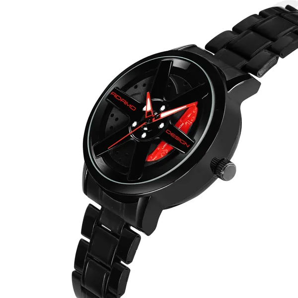 ADAMO_Men's_New_Car_Wheel_Watch_with_Rolling_Creative_Fashion_Analog_Watch,_Black_Dial_Zink_Alloy_Case_Men's_Watch,_Stainless_Steel_Black_Color_Band,_Quartz_Movement,_Water_&_Scratch-Resistant_-_889NNM12_(RED)