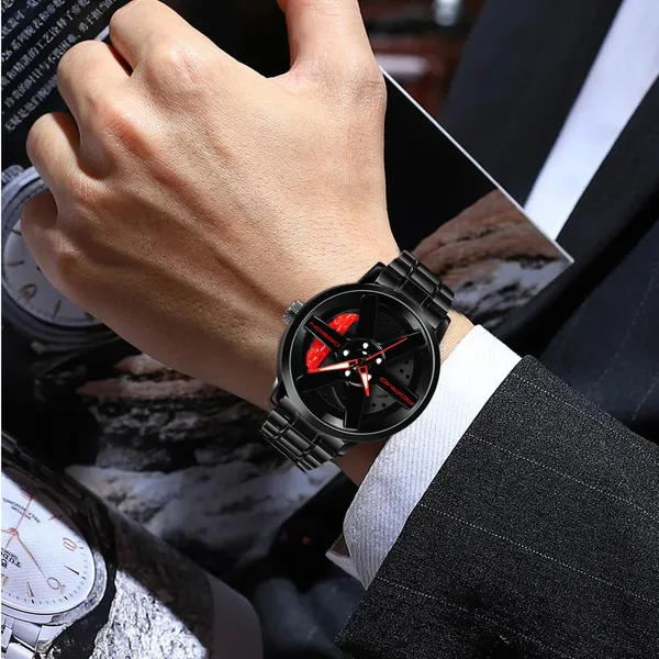 ADAMO_Men's_New_Car_Wheel_Watch_with_Rolling_Creative_Fashion_Analog_Watch,_Black_Dial_Zink_Alloy_Case_Men's_Watch,_Stainless_Steel_Black_Color_Band,_Quartz_Movement,_Water_&_Scratch-Resistant_-_889NNM12_(RED)