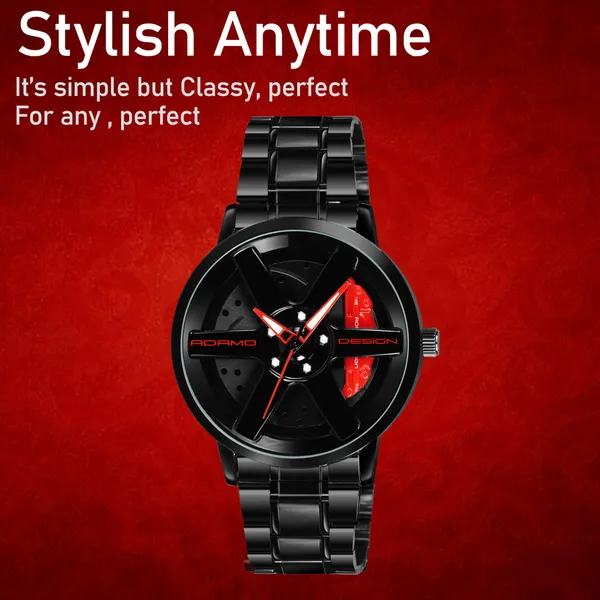 ADAMO_Men's_New_Car_Wheel_Watch_with_Rolling_Creative_Fashion_Analog_Watch,_Black_Dial_Zink_Alloy_Case_Men's_Watch,_Stainless_Steel_Black_Color_Band,_Quartz_Movement,_Water_&_Scratch-Resistant_-_889NNM12_(RED)