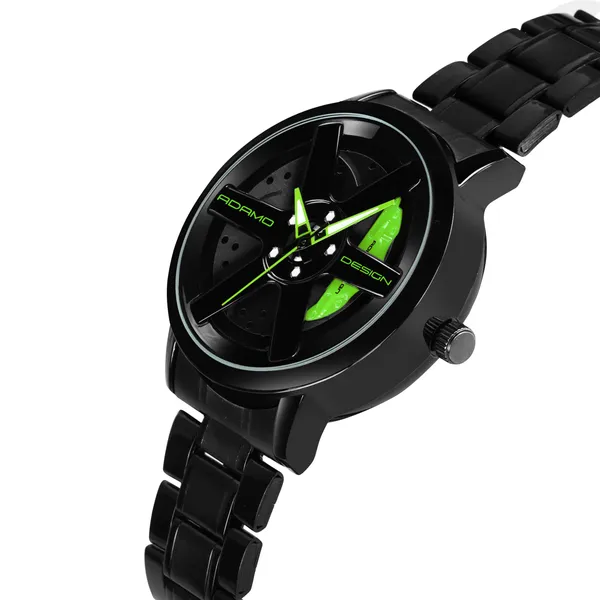 ADAMO_Men's_New_Car_Wheel_Watch_with_Rolling_Creative_Fashion_Analog_Watch,_Black_Dial_Zink_Alloy_Case_Men's_Watch,_Stainless_Steel_Black_Color_Band,_Quartz_Movement,_Water_&_Scratch-Resistant_-_889NNM16_(Green)