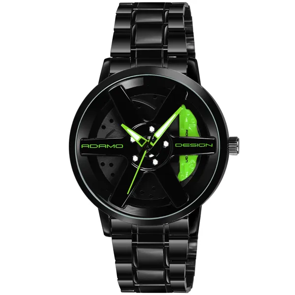 ADAMO_Men's_New_Car_Wheel_Watch_with_Rolling_Creative_Fashion_Analog_Watch,_Black_Dial_Zink_Alloy_Case_Men's_Watch,_Stainless_Steel_Black_Color_Band,_Quartz_Movement,_Water_&_Scratch-Resistant_-_889NNM16_(Green)