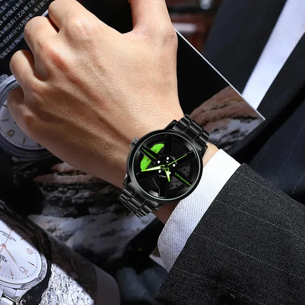ADAMO_Men's_New_Car_Wheel_Watch_with_Rolling_Creative_Fashion_Analog_Watch,_Black_Dial_Zink_Alloy_Case_Men's_Watch,_Stainless_Steel_Black_Color_Band,_Quartz_Movement,_Water_&_Scratch-Resistant_-_889NNM16_(Green)