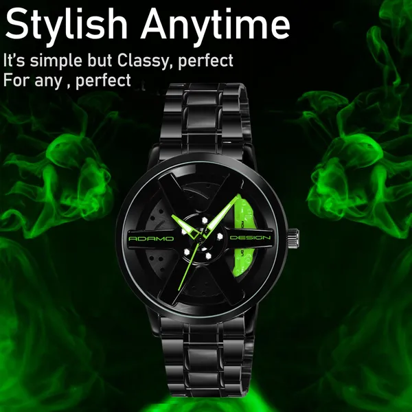 ADAMO_Men's_New_Car_Wheel_Watch_with_Rolling_Creative_Fashion_Analog_Watch,_Black_Dial_Zink_Alloy_Case_Men's_Watch,_Stainless_Steel_Black_Color_Band,_Quartz_Movement,_Water_&_Scratch-Resistant_-_889NNM16_(Green)