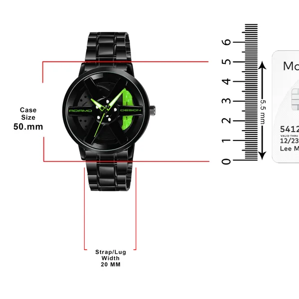 ADAMO_Men's_New_Car_Wheel_Watch_with_Rolling_Creative_Fashion_Analog_Watch,_Black_Dial_Zink_Alloy_Case_Men's_Watch,_Stainless_Steel_Black_Color_Band,_Quartz_Movement,_Water_&_Scratch-Resistant_-_889NNM16_(Green)