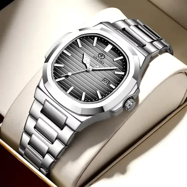 ADAMO_Quartz_Analog_Grey_Square_shape_Date_Dial_Stainless_Steel_Strap_Watch_for_Men-891SSM15