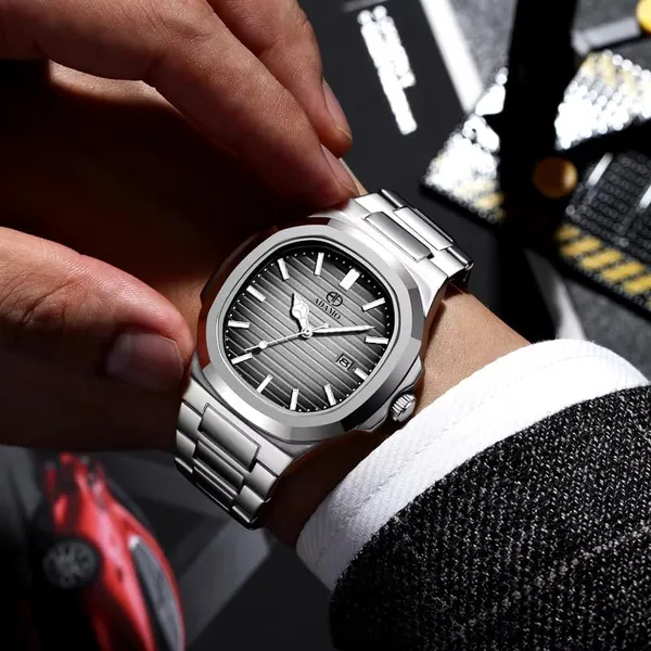 ADAMO_Quartz_Analog_Grey_Square_shape_Date_Dial_Stainless_Steel_Strap_Watch_for_Men-891SSM15