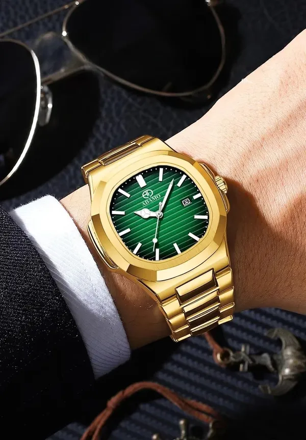 ADAMO ADAMO Quartz Analog Green Square shape Date Dial Stainless