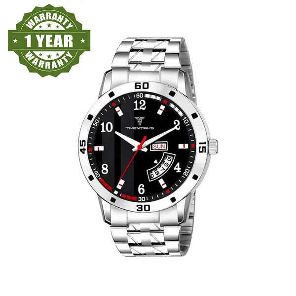 Timeworks_Designer_Day&Date_Round_Black_Dial_Stainless_Steel_Chain_Men'S_&_Boy'S_Watch