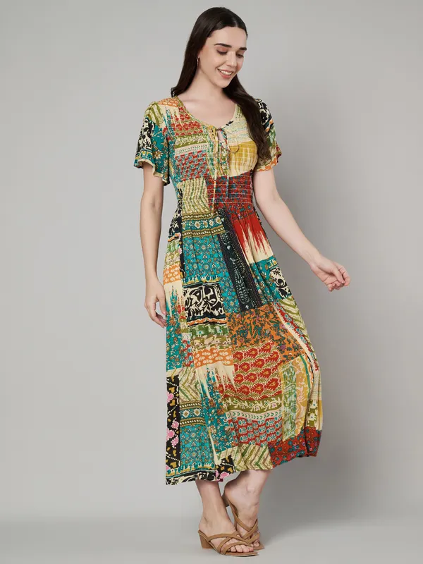 elastisiced_body_half_sleeves_elastic_at_shoulder,can_be_worn_off_shoulder_long_printed_dress