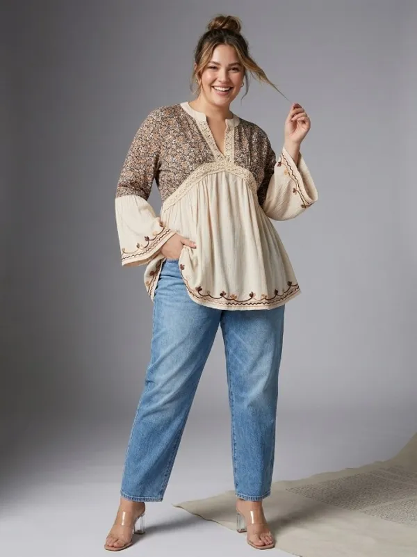 BLACK__V_NECK_CROCHET_LACE_EMBRIODERED_BELL_SLEEVES__FIT&_FLARE_TOP_FOR_PLUS_SIZE_AND_REGULAR_SIZE_WOMEN