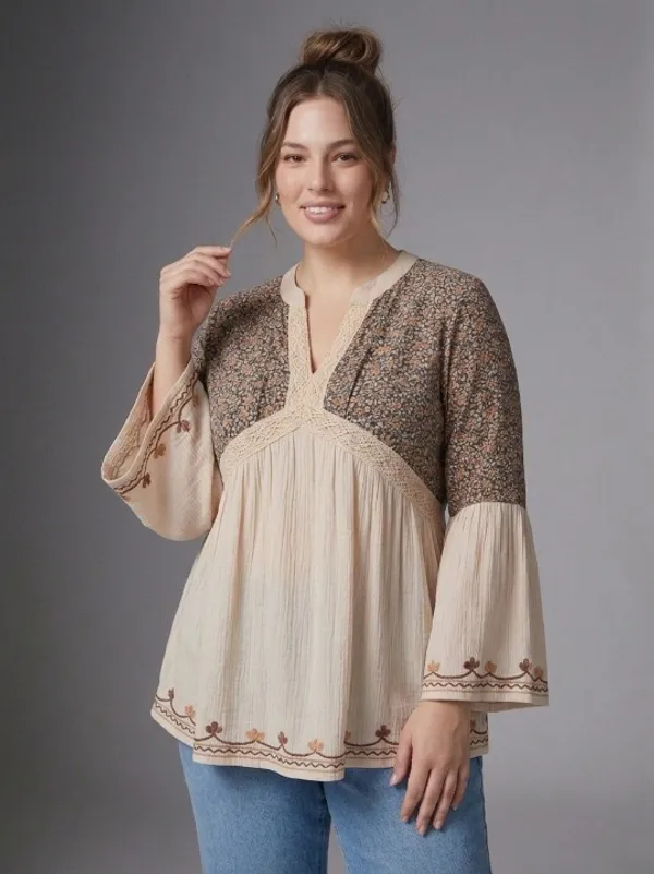 BLACK__V_NECK_CROCHET_LACE_EMBRIODERED_BELL_SLEEVES__FIT&_FLARE_TOP_FOR_PLUS_SIZE_AND_REGULAR_SIZE_WOMEN