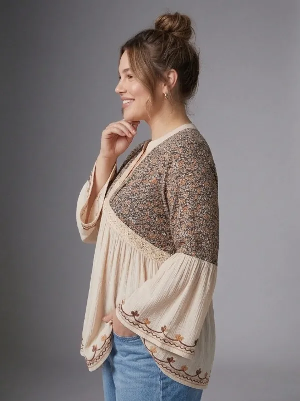 BLACK__V_NECK_CROCHET_LACE_EMBRIODERED_BELL_SLEEVES__FIT&_FLARE_TOP_FOR_PLUS_SIZE_AND_REGULAR_SIZE_WOMEN