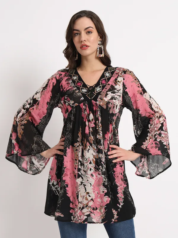 Pik_Floral_With_Abstract_Print_Tunic_Fit_And_Flare_Casual_Top_For_Women_|_Embroidery_V_Neck